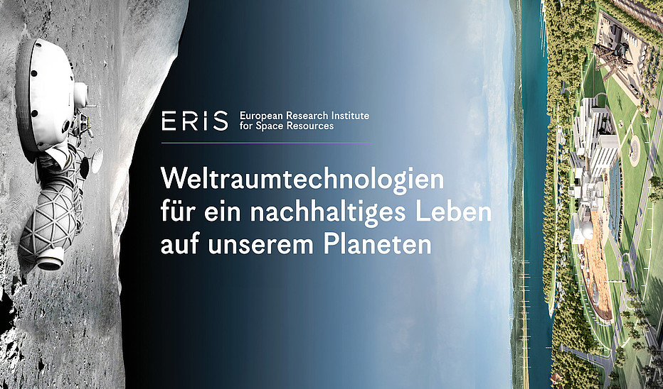 Grafik: ERIS Eine Grafik, die ein Stück Weltraum eingeklammert hat zwischen eine Mondlandschaft und die Forschungseinrichtung ERIS auf der Erdoberfläche.