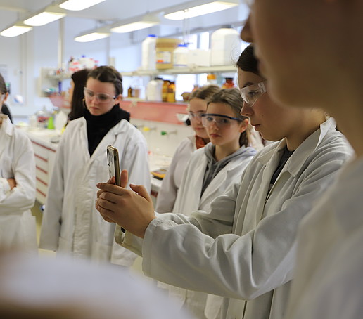 Pupils observe an experiment and film part of it on their cell phones.