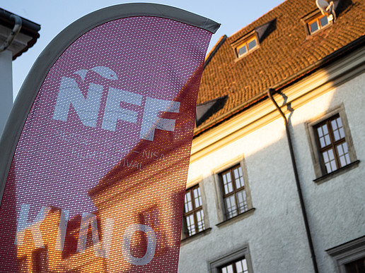 An NFF beach flag in front of a building in Görlitz