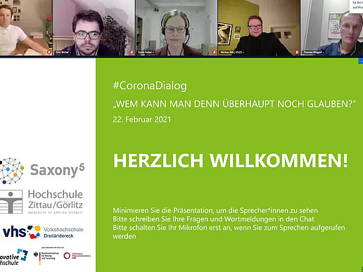 Screenshot of the 1st #CoronaDialog via BigBlueButton on the topic of the corona pandemic and science