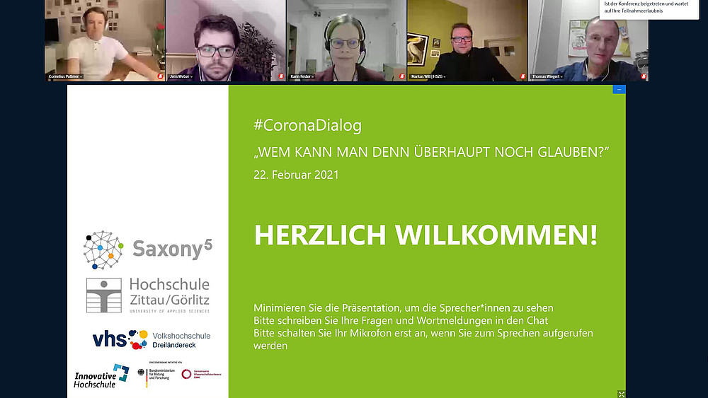 Screenshot of the 1st #CoronaDialog via BigBlueButton on the topic of the corona pandemic and science