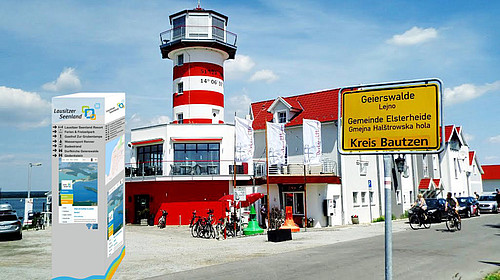 Informations-Säulen sollen künftig Besucher des Lausitzer Seelandes innerhalb der Ortschaften zu verschiedenen Sehenswürdigkeiten und Freizeiteinrichtungen lenken 