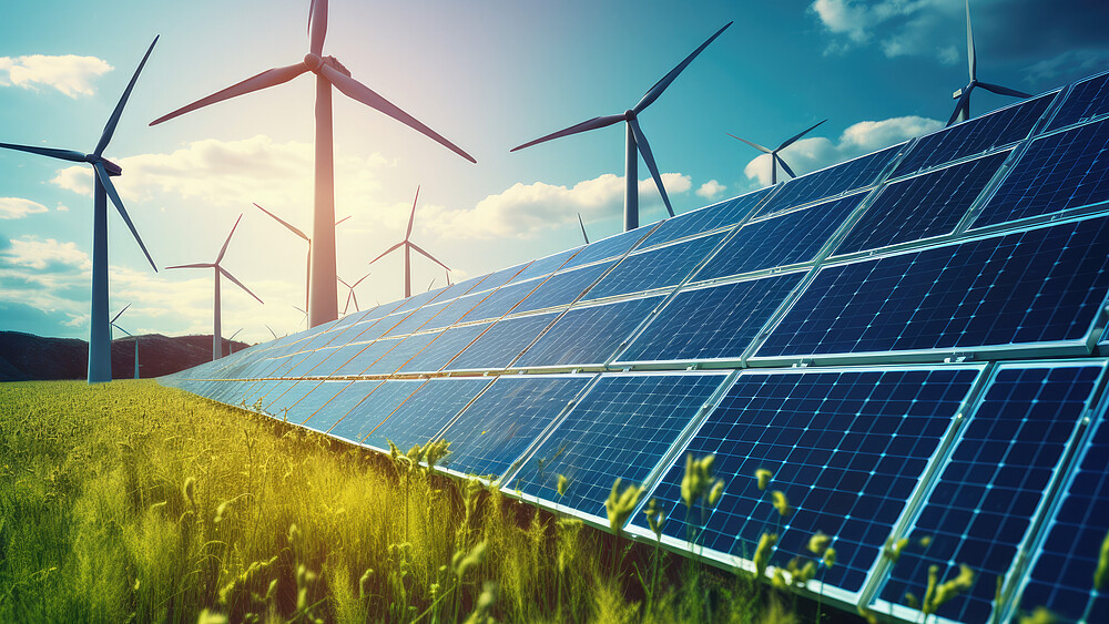 Wind turbines in a field, with solar panels in the foreground.