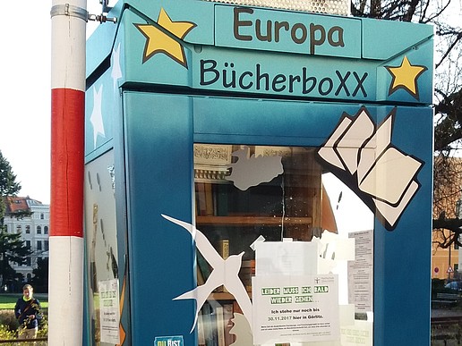 Europa Bücherboxx; small "street library" redesigned from an old telephone box