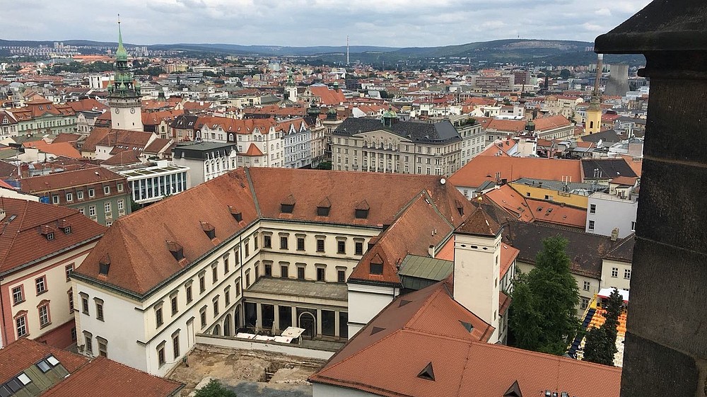 A view of Brno high above the rooftops of the city