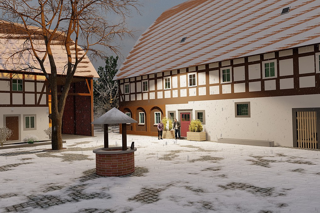 Umgebindehäuser sind in der Oberlausitz der Hingucker. Zu sehen sind zwei Fachwerkgebäude im Winter.