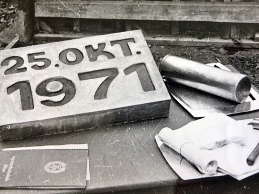 Foundation stone and time capsule on the day the foundation stone was laid