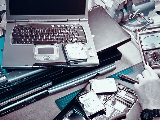 Old laptops are dismantled and repurposed, but all data is backed up or destroyed if desired