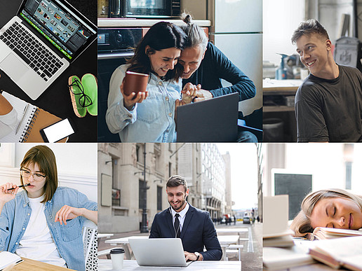 Collage of several students pursuing their online seminars.