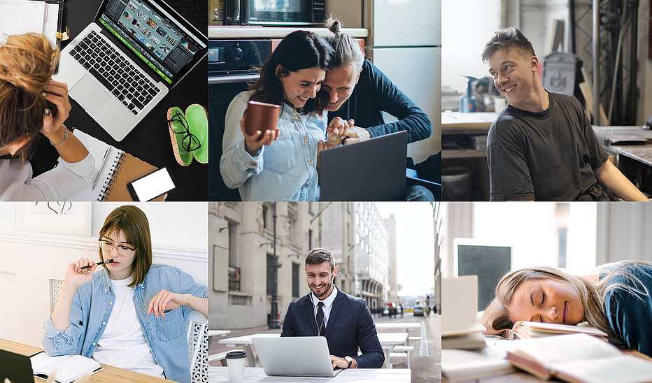 Foto: Pexels Collage von mehreren Studierenden, die ihrer Onlineseminare nachgehen.