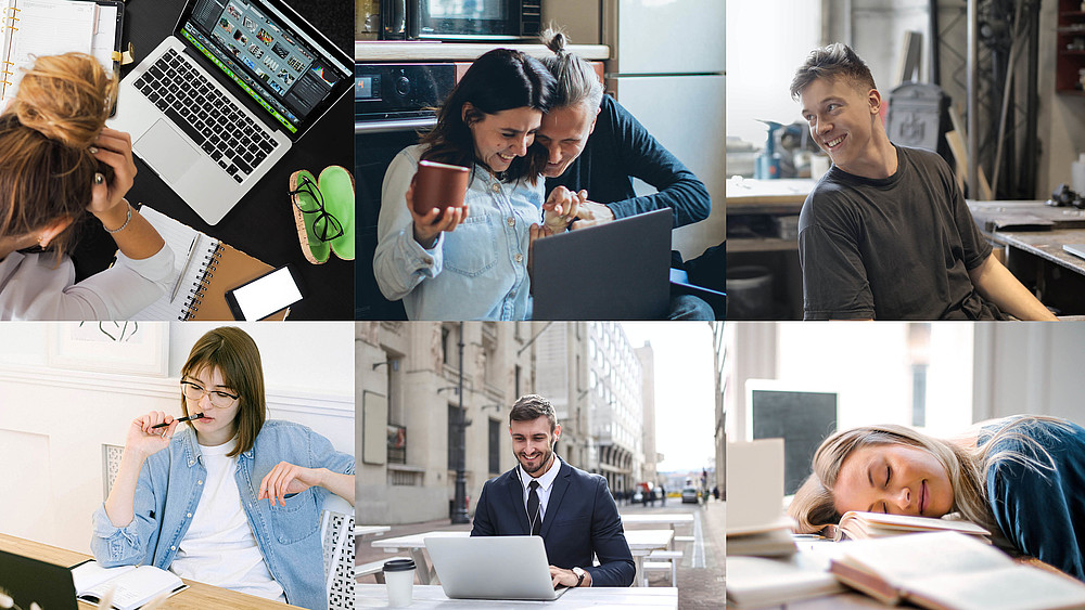 Collage von mehreren Studierenden, die ihrer Onlineseminare nachgehen. 