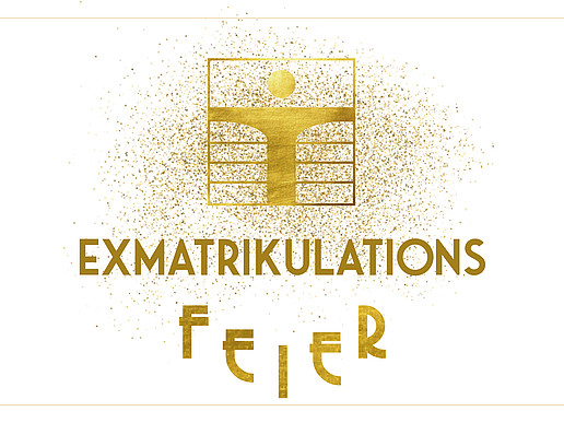 Golderner Schriftzug auf weißem Hintergrund: Exmatrikulationsfeier 2020