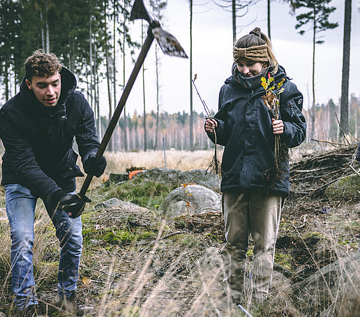 Two students planting a tree.