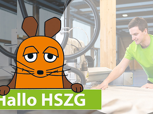 Eine Grafik von der Maus liegt über einer Abbildung der LaNDER-Halle. Ein Mitarbeiter prüft ein Werkstück.