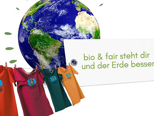 The planet Earth can be seen on a graphic. A washing line with T-shirts is stretched in front of it.