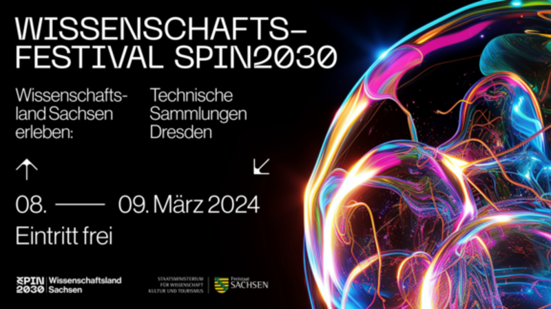 Plakat des SPIN2030 Wissenschaftsfestivals mit leuchtenden, farbenfrohen abstrakten Mustern, das Datum und den freien Eintritt hervorhebt sowie das Wissenschaftsland Sachsen und die Technischen Sammlungen Dresden ankündigt.