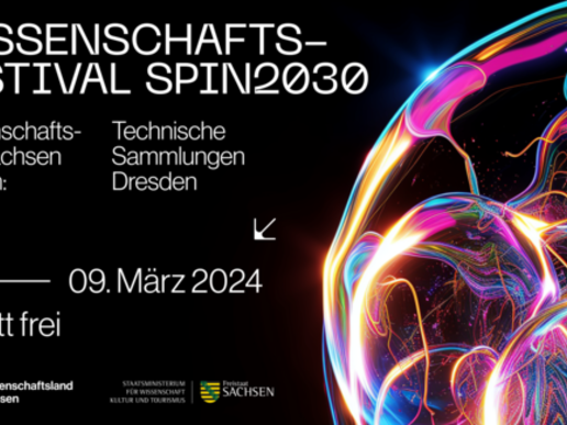 Plakat des SPIN2030 Wissenschaftsfestivals mit leuchtenden, farbenfrohen abstrakten Mustern, das Datum und den freien Eintritt hervorhebt sowie das Wissenschaftsland Sachsen und die Technischen Sammlungen Dresden ankündigt.