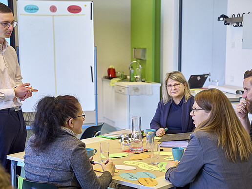 Representatives from companies are sitting at a project table. An HSZG contact person stands next to a white flipchart.