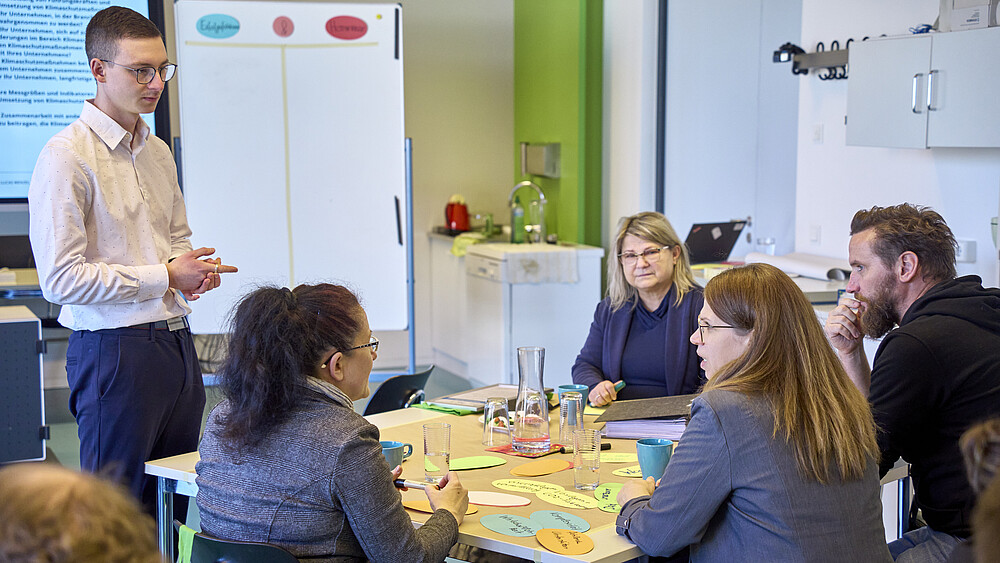 Representatives from companies are sitting at a project table. An HSZG contact person stands next to a white flipchart.