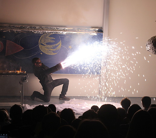 The Terminator destroys the papier-mâché asteroid with a fire cannon.