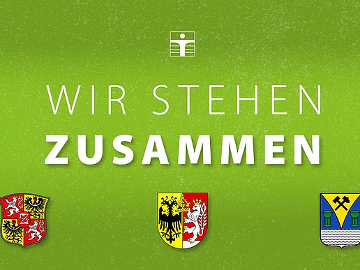 Grafik mit Wappen der Städte Zittau, Görlitz und Weißwasser sowie Logo der HSZG und Schriftzug "Wir stehen zusammen"