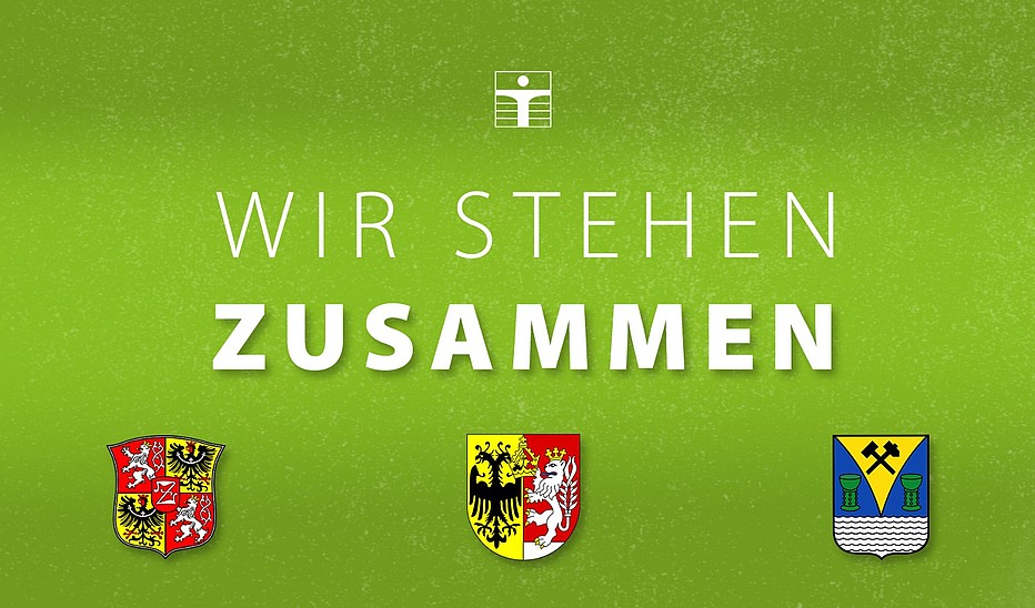 Grafik mit Wappen der Städte Zittau, Görlitz und Weißwasser sowie Logo der HSZG und Schriftzug "Wir stehen zusammen"