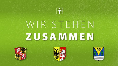 Grafik mit Wappen der Städte Zittau, Görlitz und Weißwasser sowie Logo der HSZG und Schriftzug "Wir stehen zusammen"