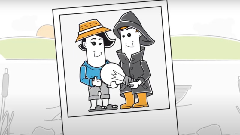 One drawing shows a cartoon man and a cartoon angler who found each other through the Saxony5 transfer portal.