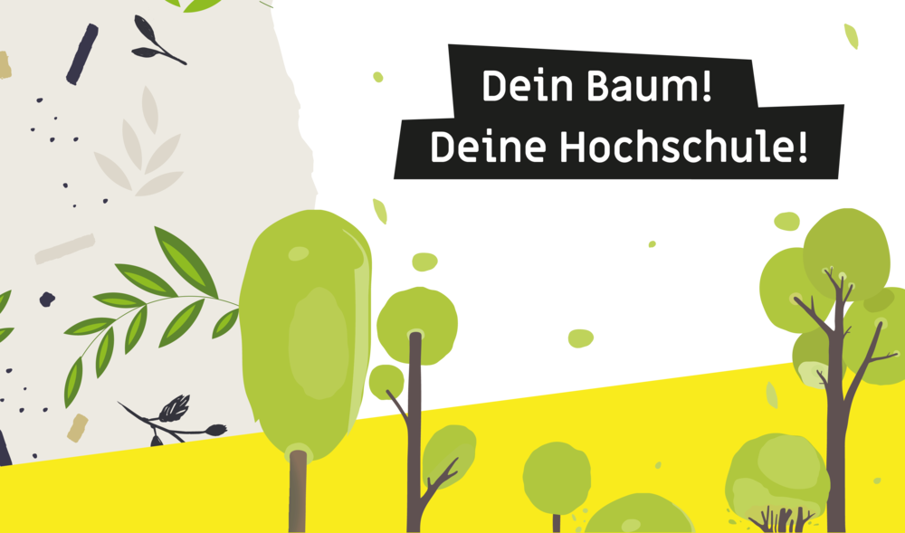A graphic with trees on a yellow meadow.
