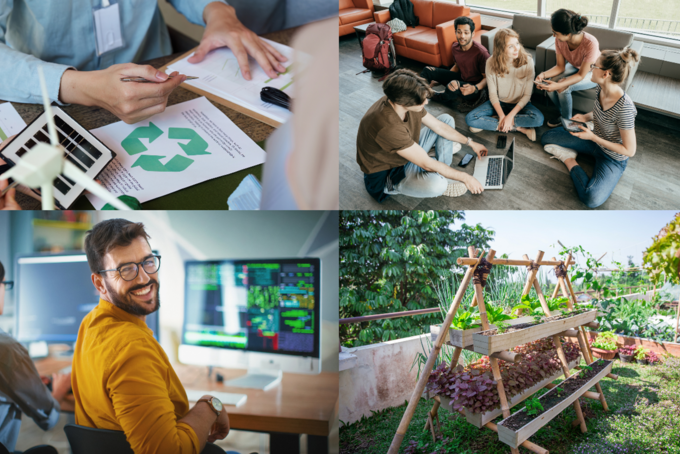 Collage on various sustainability topics