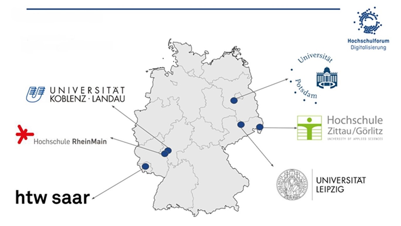 Auf dem Bild ist die die Deutschlandkarte skizziert und es sind die Standorte der verschiedenen Hochschulen dargestellt.  