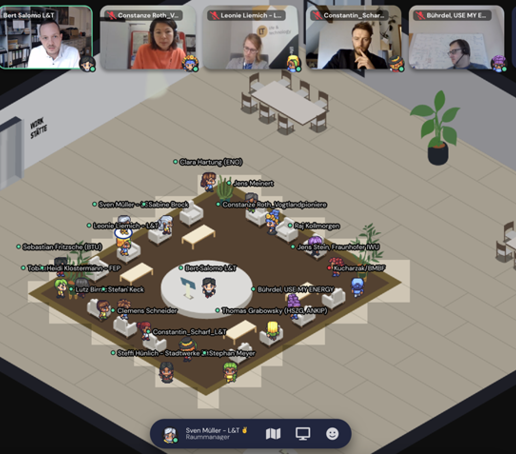 A virtual exchange at a workshop. Participants are connected via their video camera, avatars interact on the screen.