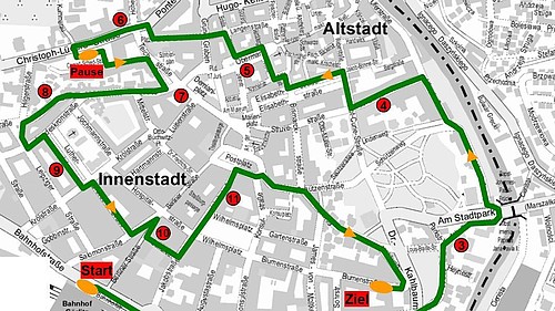 Stadtplan von Görlitz mit eingezeichneter Streckenführung des autofreien Sonntages
