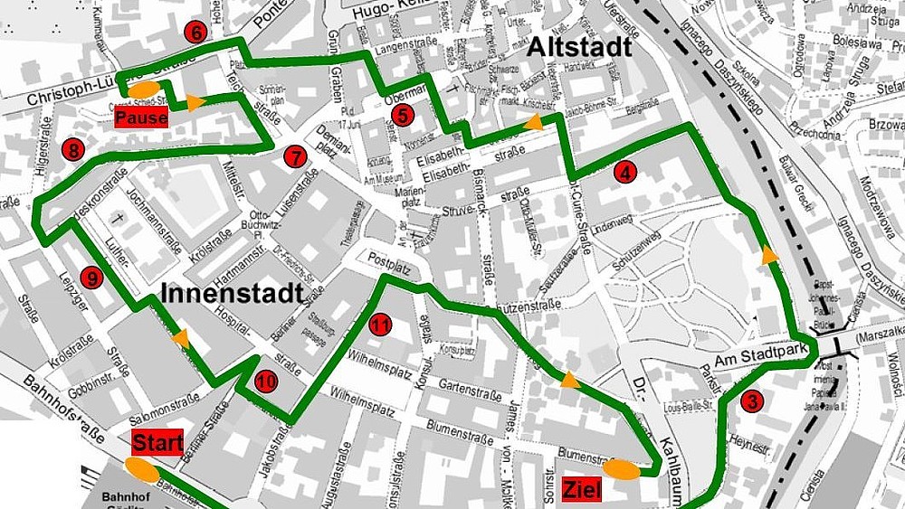 City map of Görlitz with marked route of the car-free Sunday