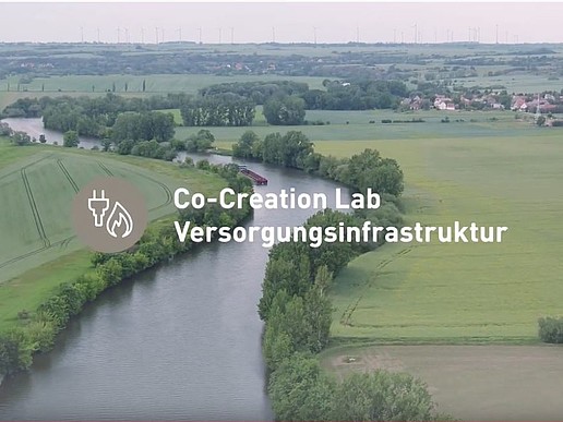 An aerial view of green fields through which the Saale meanders with the lettering Co-Creation Lab supply infrastructure can be seen.
