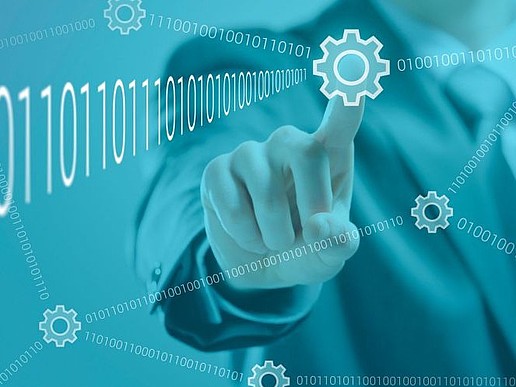 Man behind hologram. Man points to one of many cogwheels connected by lines of ones and zeros.