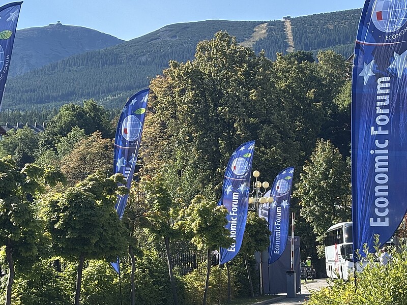 Blaue Fahnen stehen auf einen begrünten Fläche, im Hintergrund ragt der Berg Schneekoppe auf.