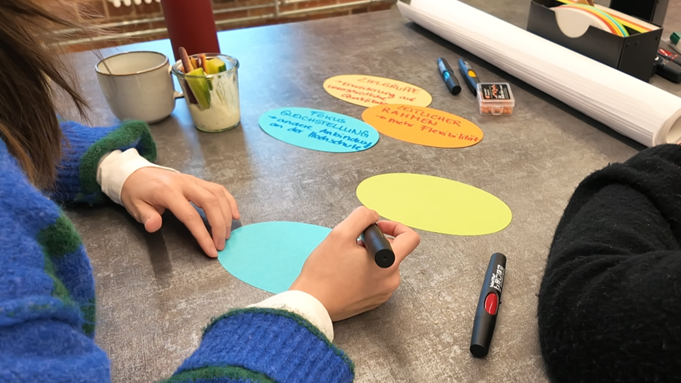 Two arms are bent over a table with colorful notes. One hand holds a pen to write on a piece of paper.