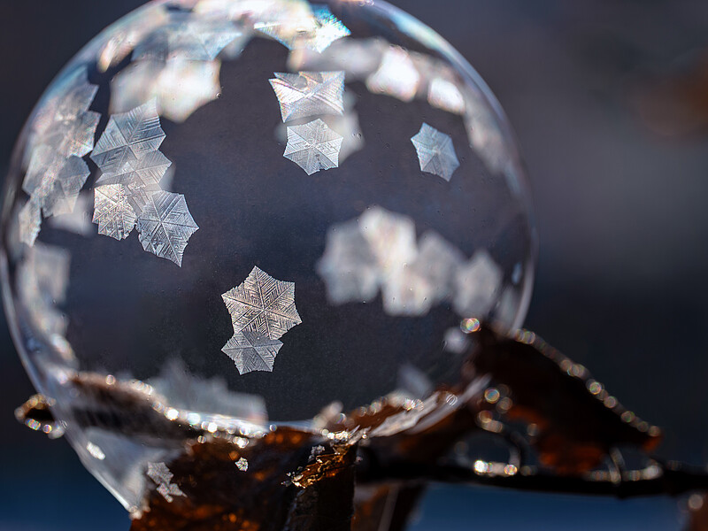 A frozen soap bubble shows many crystal forms on the surface.