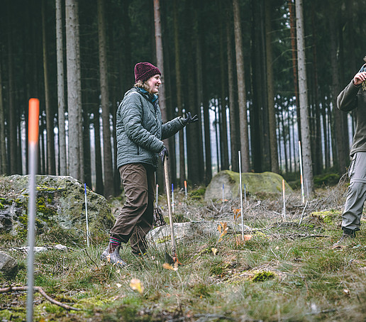 Zwei Studierende beim Einpflanzen eines Baumes.