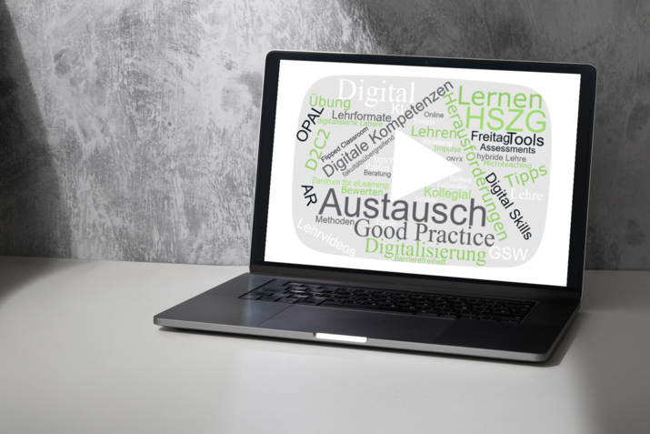 Grafik eines Laptop-Bildschirms, der eine Wortwolke zur digitalen Lehre an der Hochschule Zittau/Görlitz anzeigt. Die Wortwolke enthält Schlüsselbegriffe und Themen, die für die digitale Lehre an der Hochschule relevant sind. Die Grafik wurde mit den Online-Tools wortwolken.com und Canva.com erstellt.