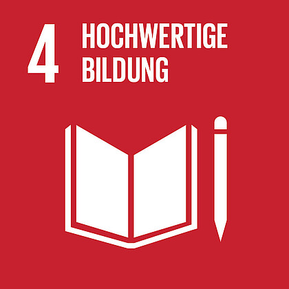 Rotes Quadrat mit weißer Schrift: „4 Hochwertige Bildung“. Darunter in weiß das Symbol eines geöffneten Buches und eines Stifts.